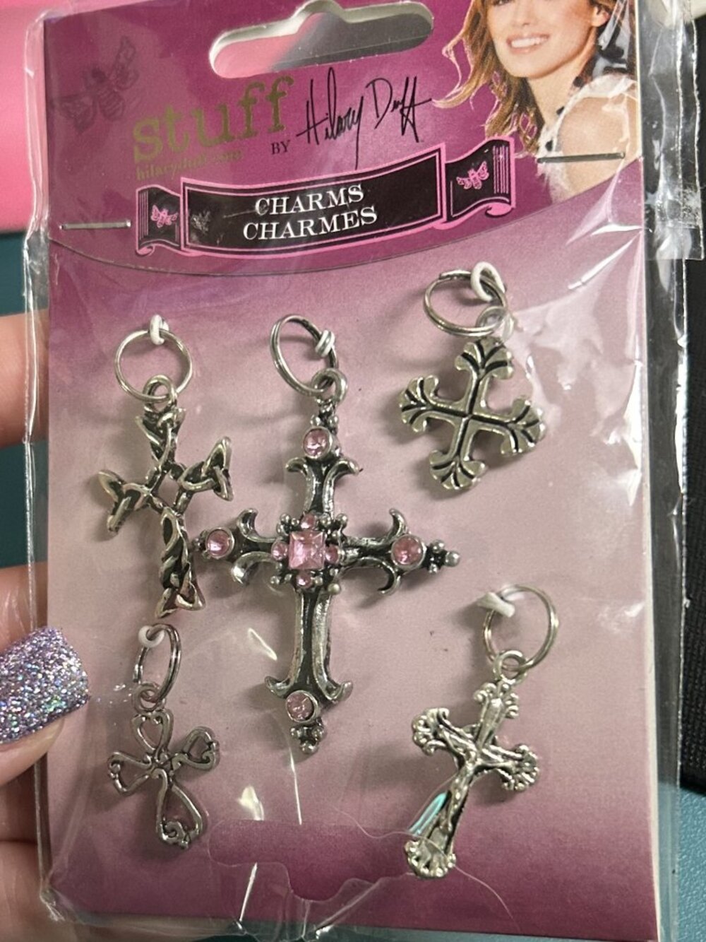 Vintage 2007 Stuff by Hilary Duff Cross Charm Set NIP Pink Rhinestone